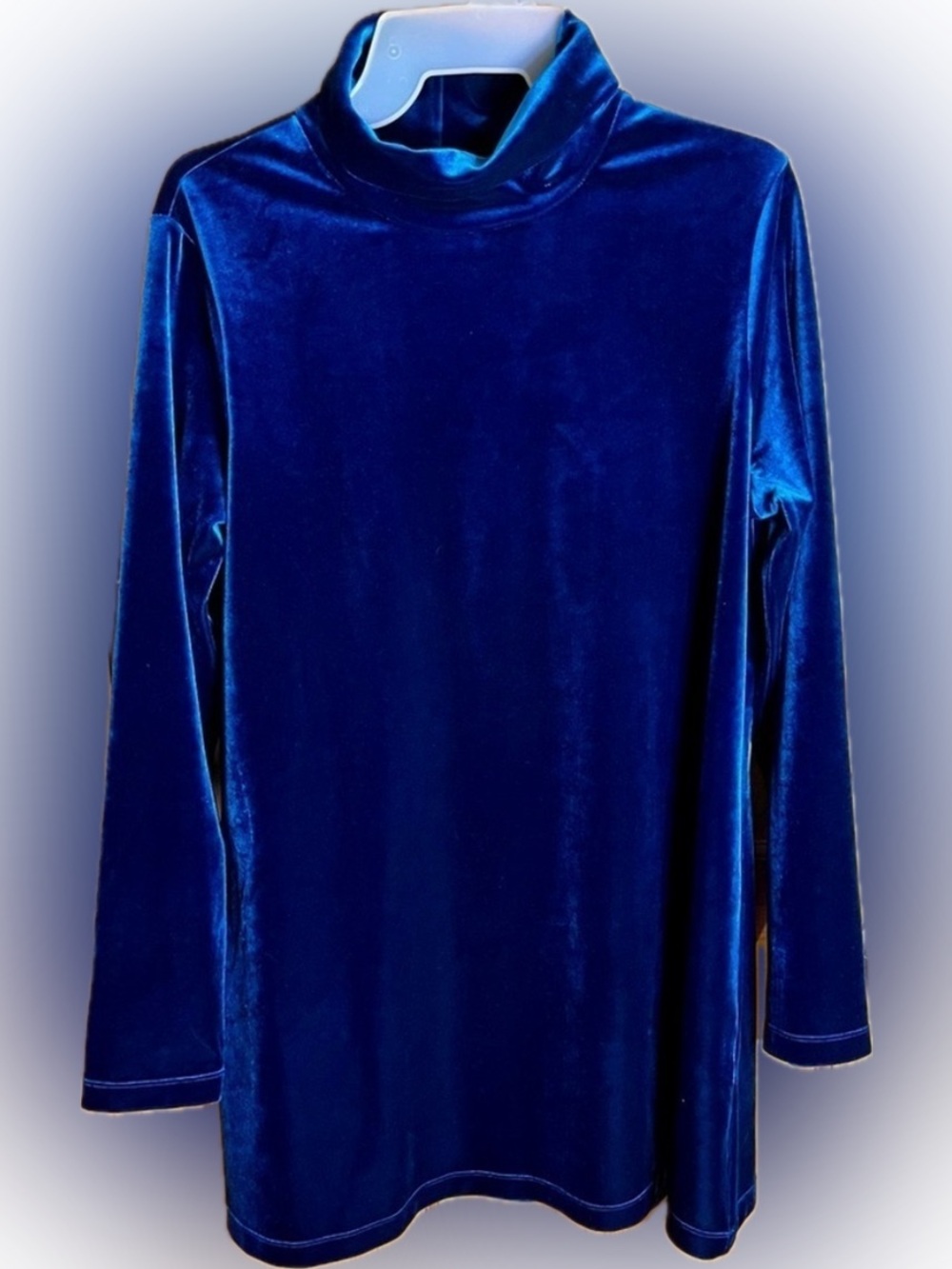 Joan Vass Velvet Turtleneck Tunic Top Blue Teal Petite Large Holiday Mini Dress